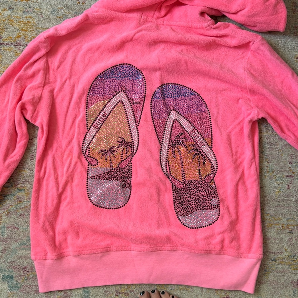 ⭐️ Authentic Girls Rhinestone BUTTER Terry Zip Hoodie in Neon Coral